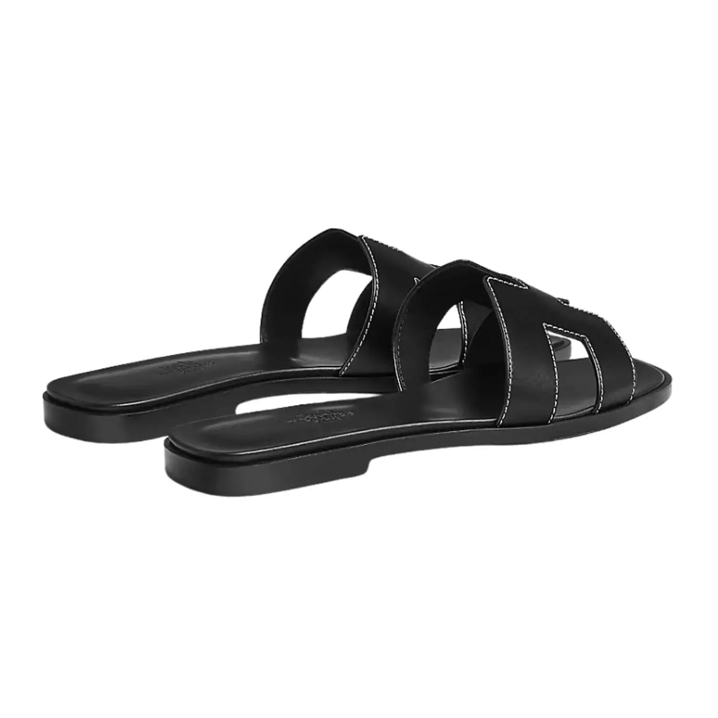 Hermes Oran Sandal Black Calfskin – White Top Stitch Flat