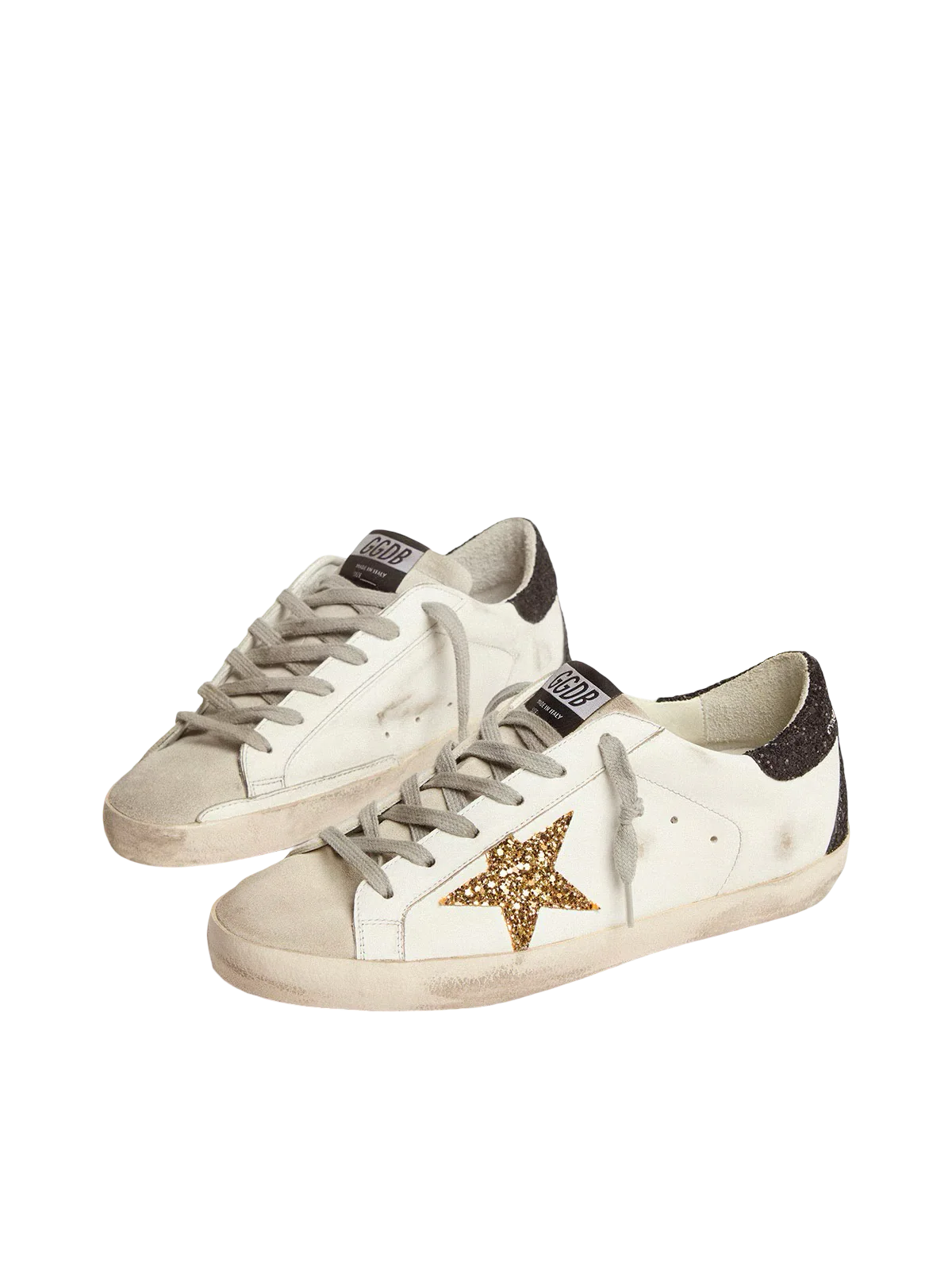 Golden   goose   Women’s   Super-Star   in   nappa   leather   with   gold   glitter   star   and   black   glitter   heel   tab