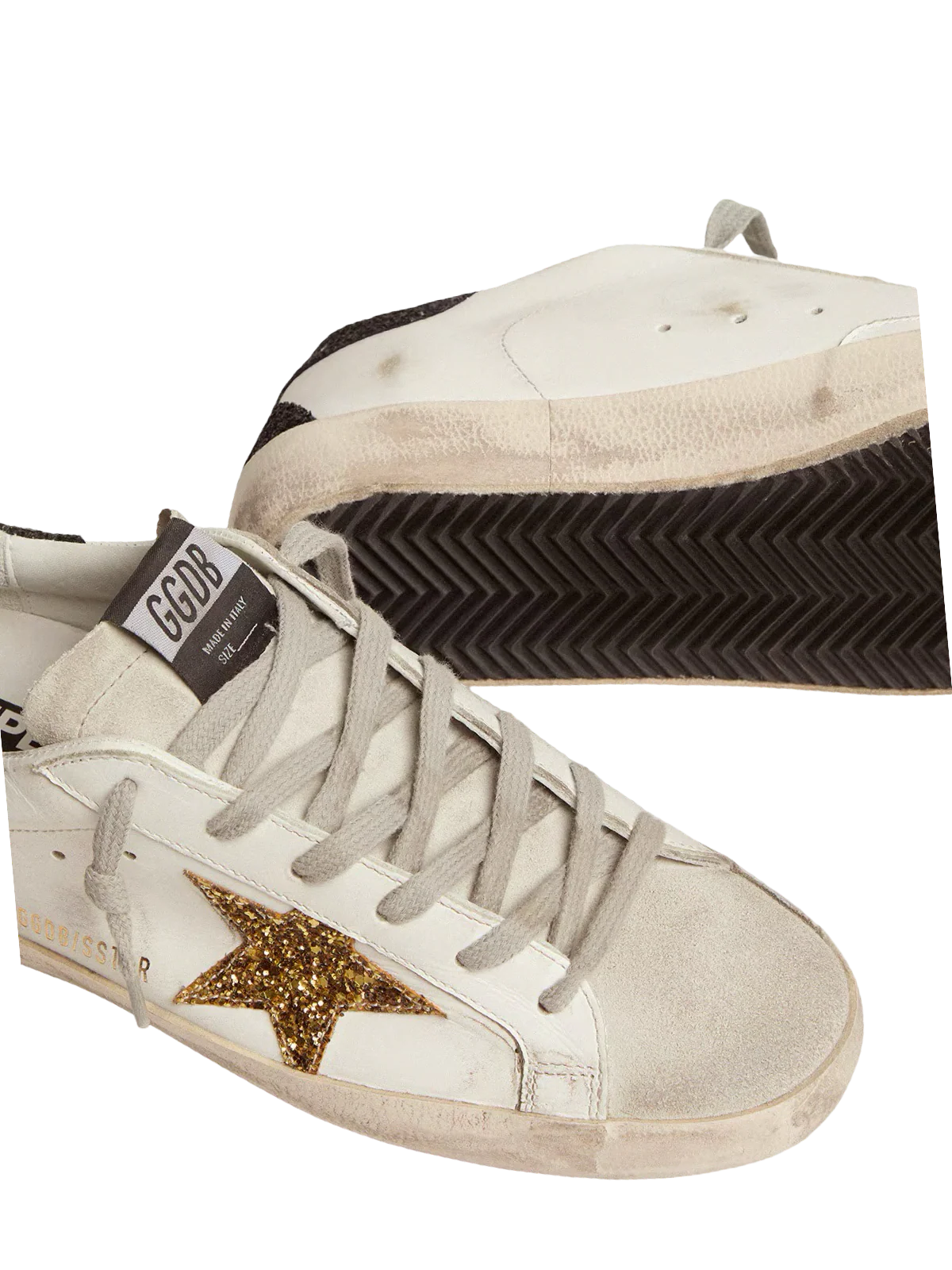 Golden   goose   Women’s   Super-Star   in   nappa   leather   with   gold   glitter   star   and   black   glitter   heel   tab
