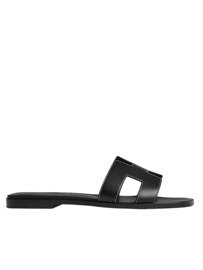 Hermes Oran Sandal Black Calfskin – White Top Stitch Flat