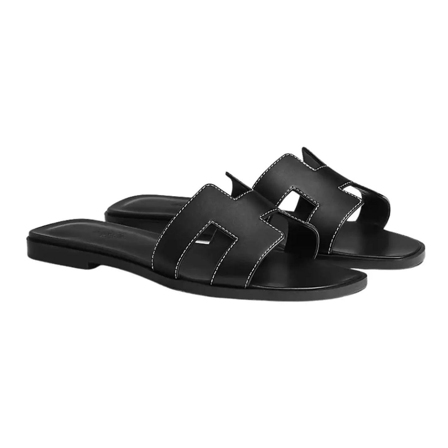 Hermes Oran Sandal Black Calfskin – White Top Stitch Flat